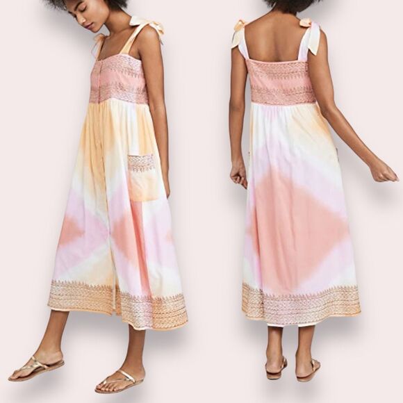 Juliet Dunn Tie Shoulder Cotton Midi Dress Orange Pink Sz 1 US 4 Small Tye Dye‎ - Picture 2 of 14